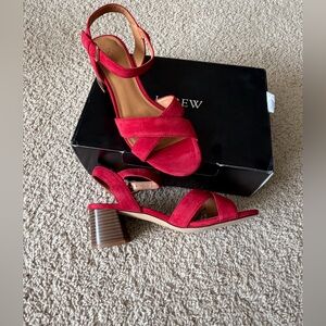 J. Crew Factory Red Suede Cross-Strap Block Heel Sandals